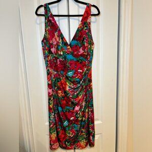 Ralph Lauren - Multicolored Flowers Sheath Dress Sleeveless V-neck in Size 16